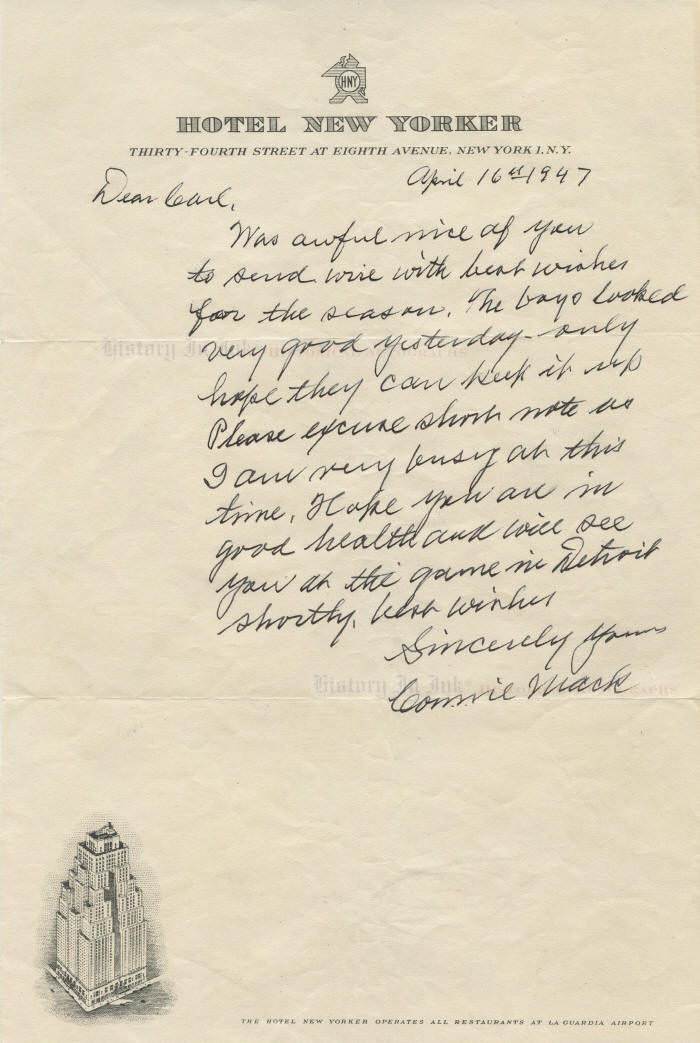 1947 letter by famed Philadelphia Athletics long-time manager Connie Mack.