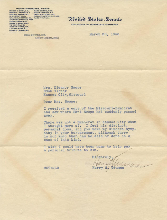 Truman Letters Beautifully framed letter by Harry S. Truman on Senate stationery